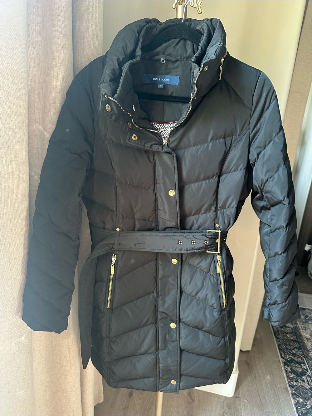 Cole Haan Black Quilted Belted Puffer Coat with Gold Hardware
